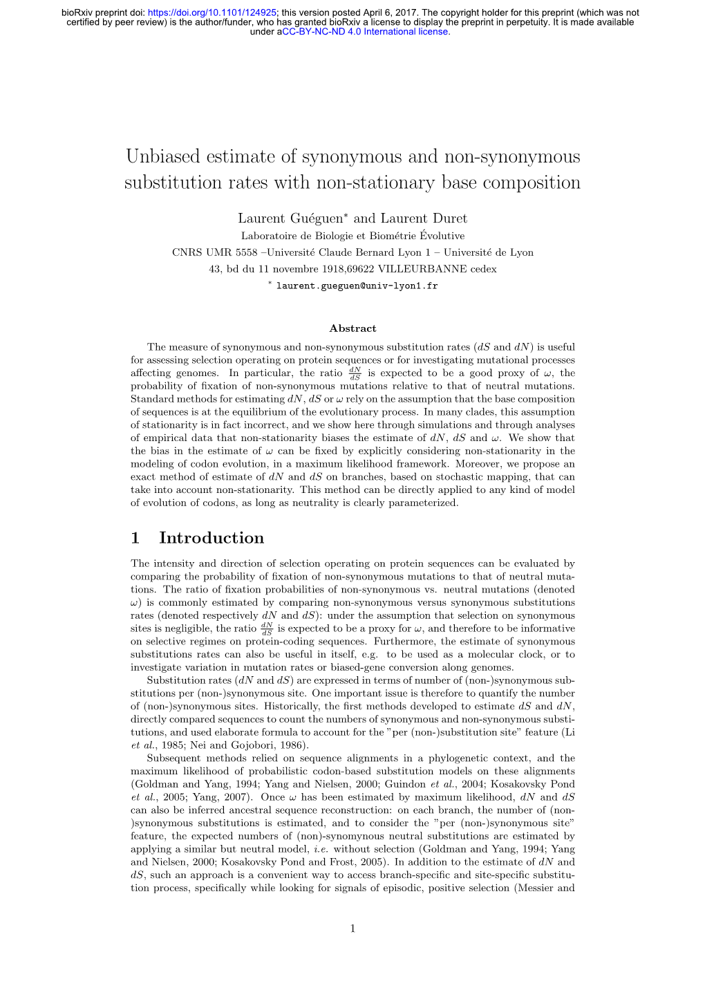 Unbiased Estimate of Synonymous and Non-Synonymous Substitution Rates with Non-Stationary Base Composition