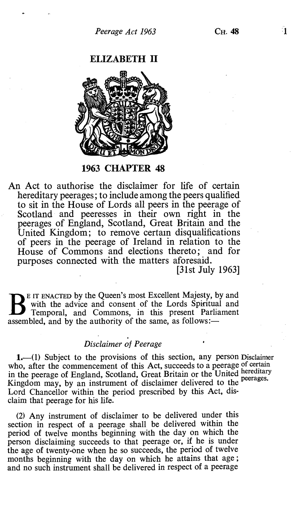 ELIZABETH II 1963 CHAPTER 48 an Act to Authorise the Disclaimer For