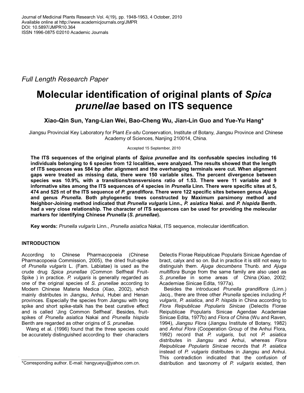 Molecular Identification of Original Plants of Spica Prunellae Based on ITS Sequence