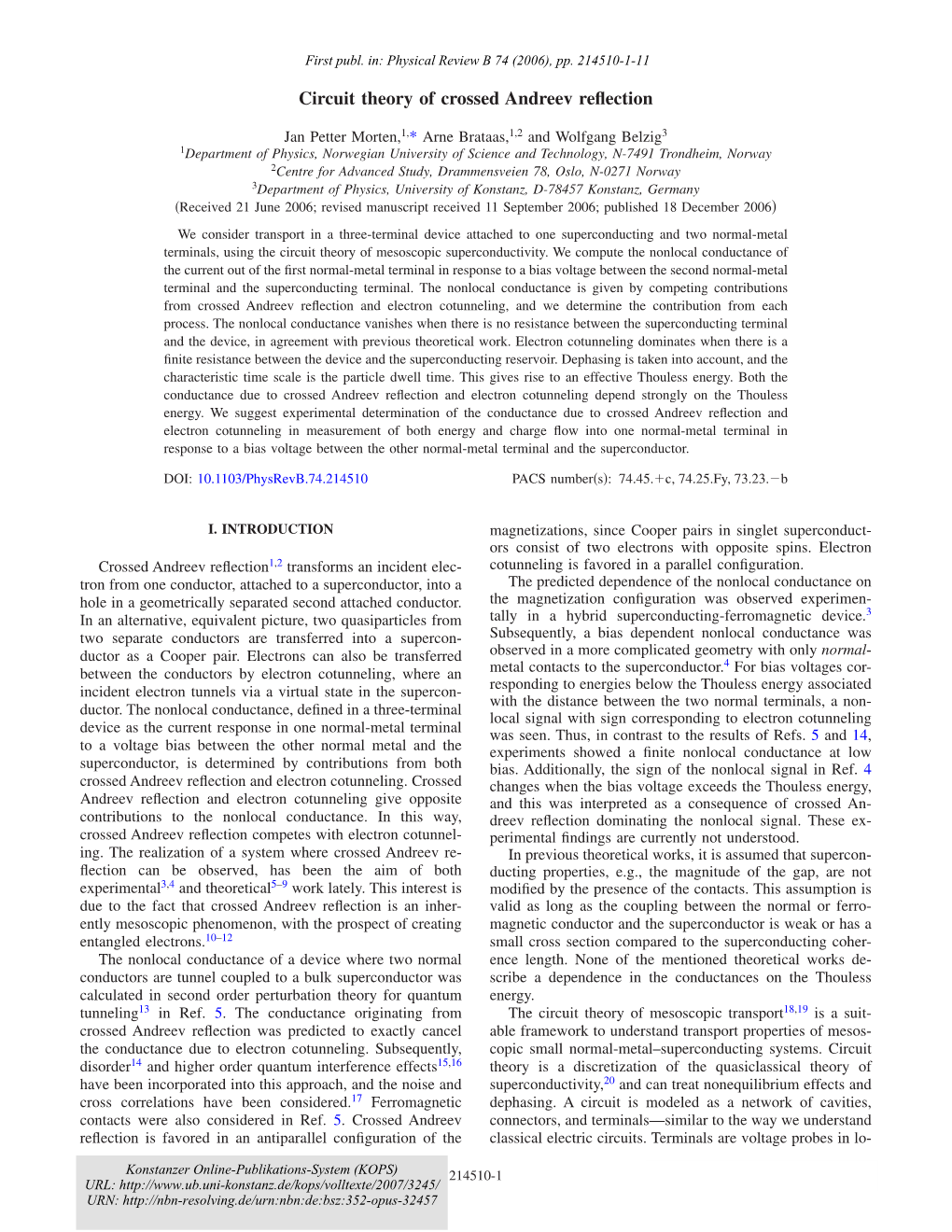 Circuit Theory of Crossed Andreev Reflection Physical Review B 74, 214510 ͑2006͒