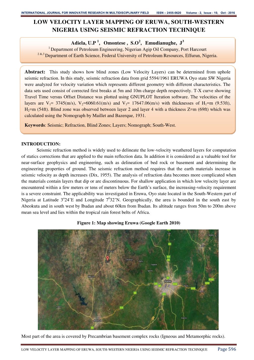 Low Velocity Layer Mapping of Eruwa, South-Western Nigeria Using Seismic Refraction Technique