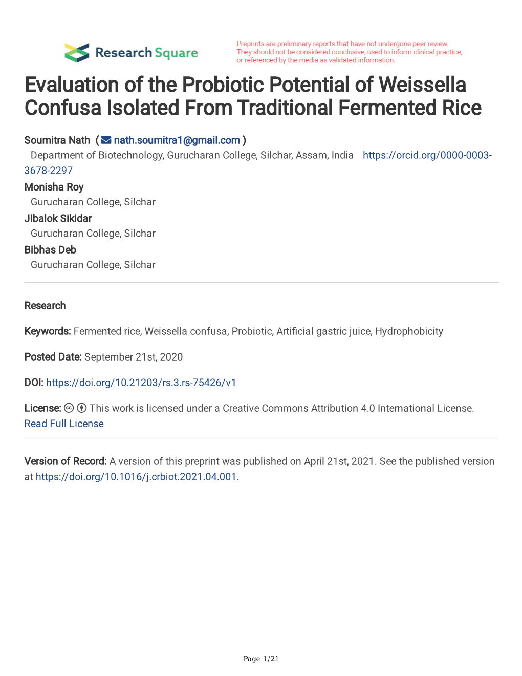 Evaluation of the Probiotic Potential of Weissella Confusa Isolated from Traditional Fermented Rice
