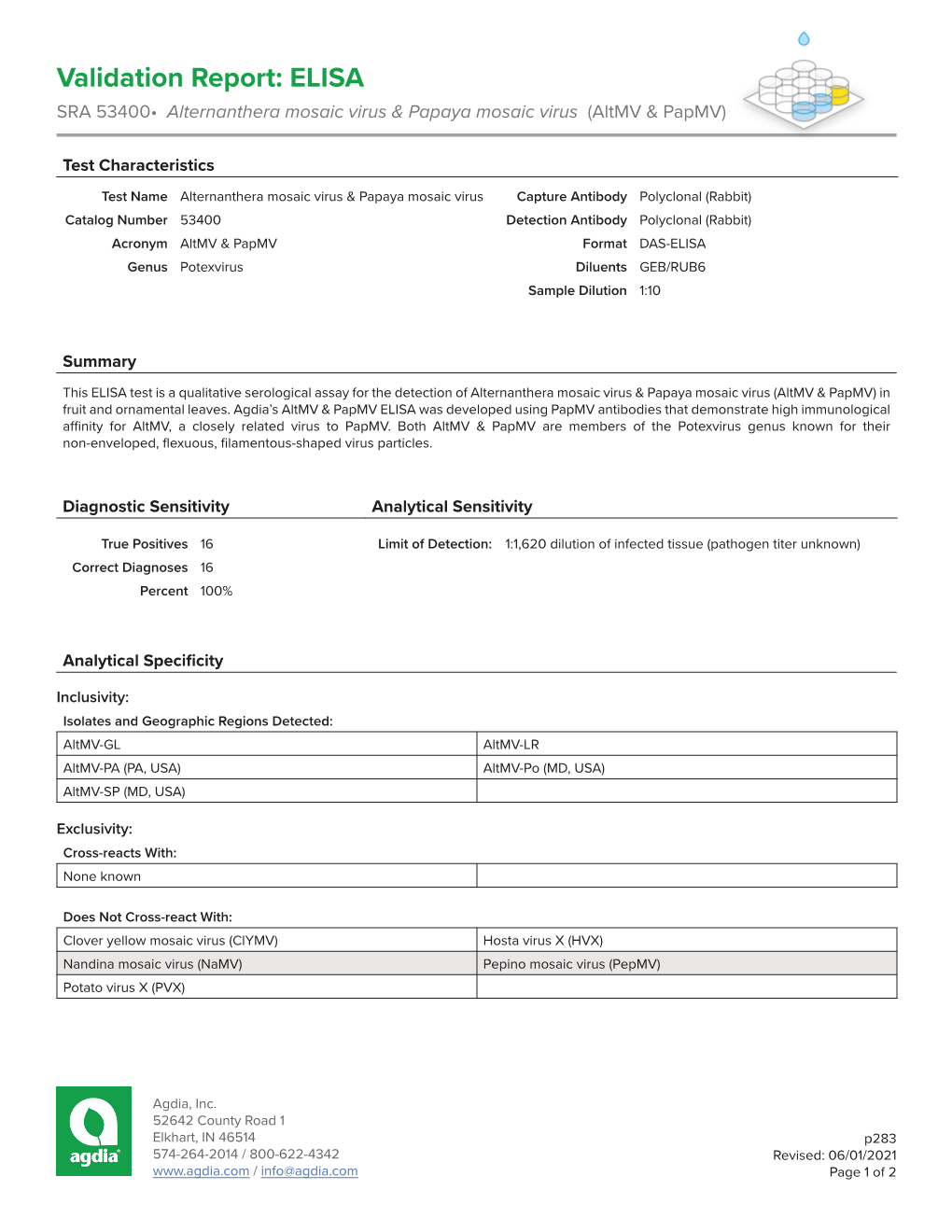 Validation Report: ELISA SRA 53400• Alternanthera Mosaic Virus & Papaya Mosaic Virus (Altmv & Papmv)