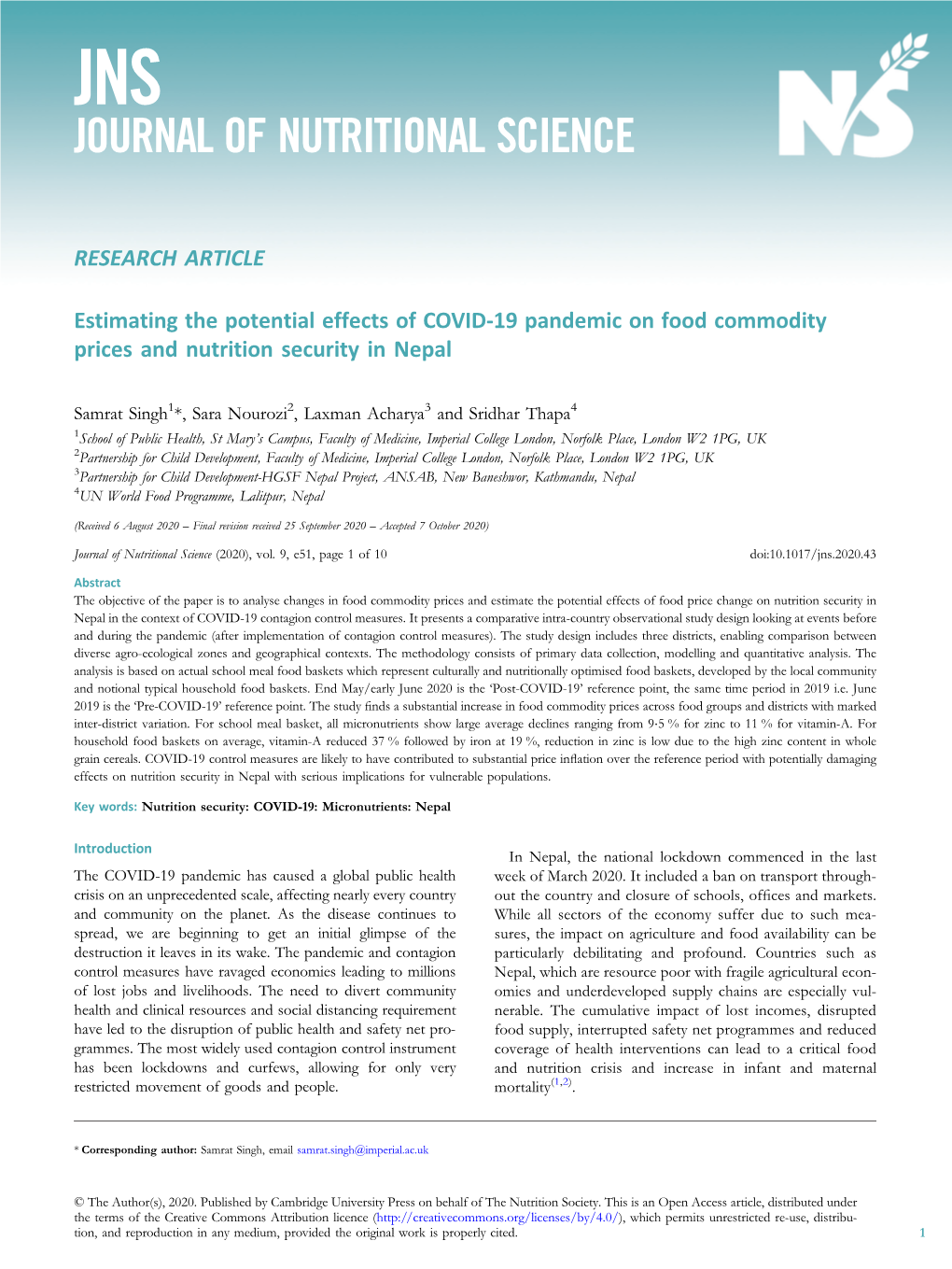 Estimating the Potential Effects of COVID-19 Pandemic on Food Commodity Prices and Nutrition Security in Nepal