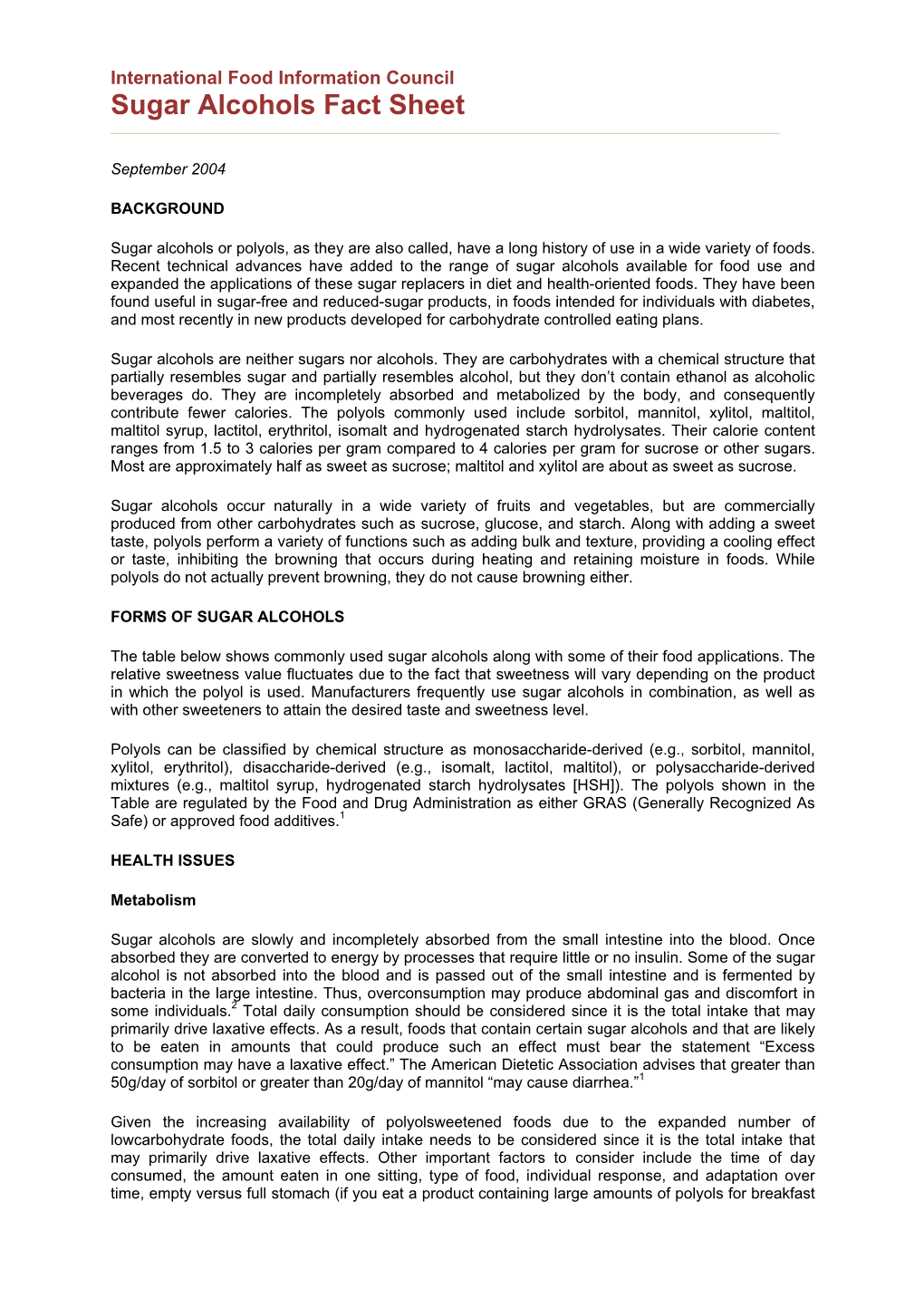 Sugar Alcohols Fact Sheet