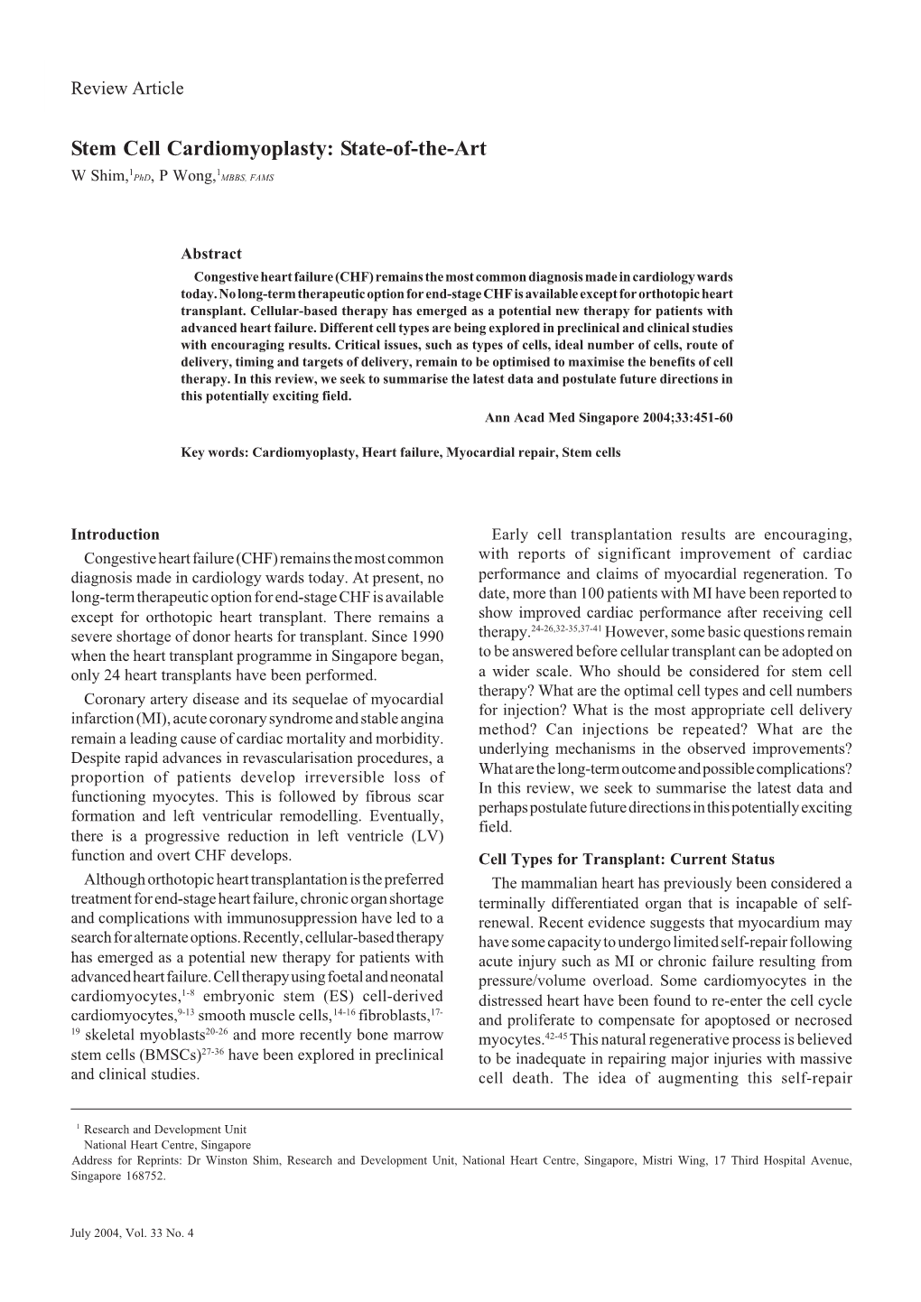 Stem Cell Cardiomyoplasty—W Shim & P Wong 451 Review Article