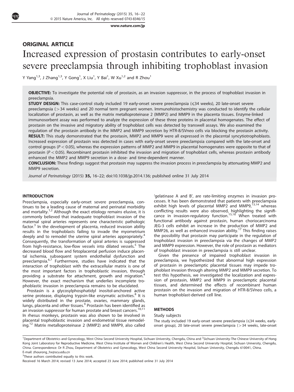 Increased Expression of Prostasin Contributes to Early-Onset Severe Preeclampsia Through Inhibiting Trophoblast Invasion