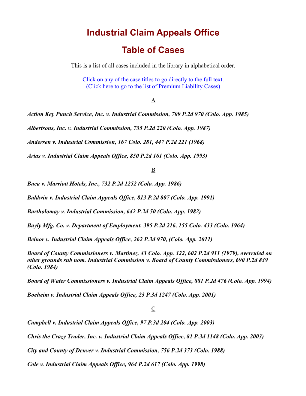 Industrial Claim Appeals Office Table of Cases