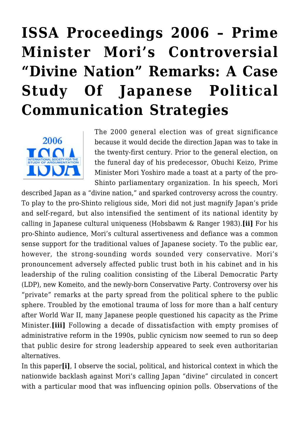 Prime Minister Mori's Controversial “Divine