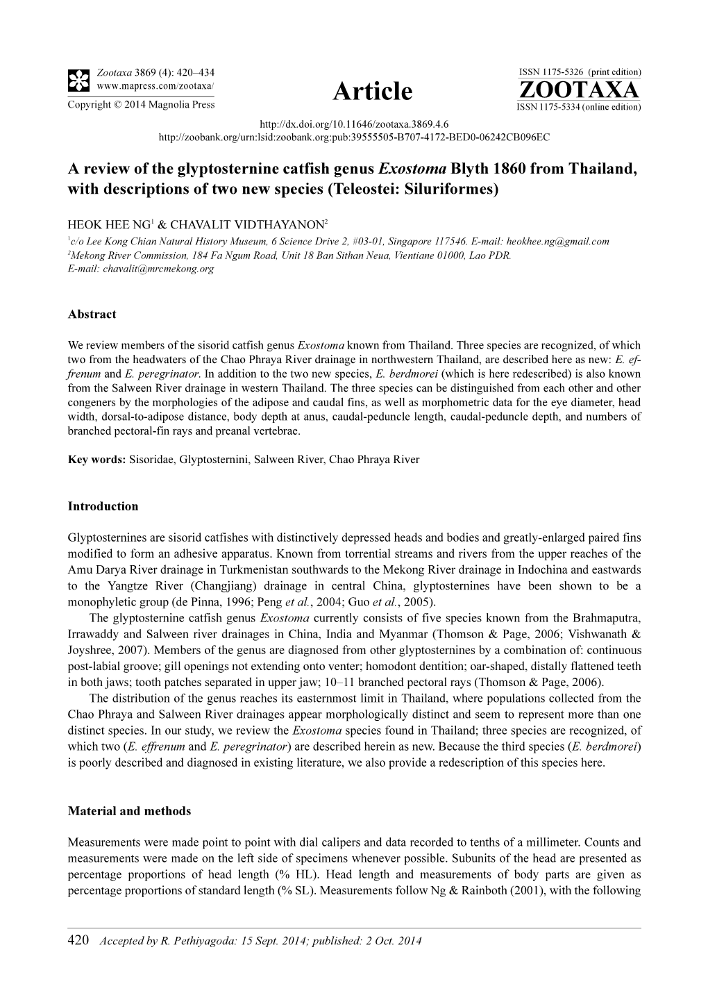 A Review of the Glyptosternine Catfish Genus Exostoma Blyth 1860 from Thailand, with Descriptions of Two New Species (Teleostei: Siluriformes)