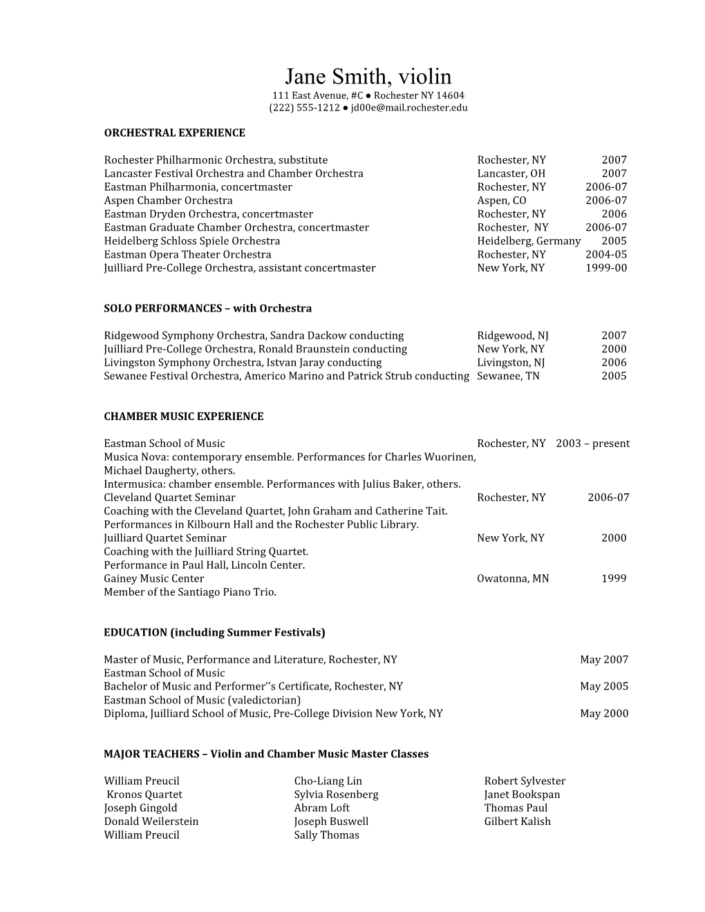 Sample Instrumental Resume