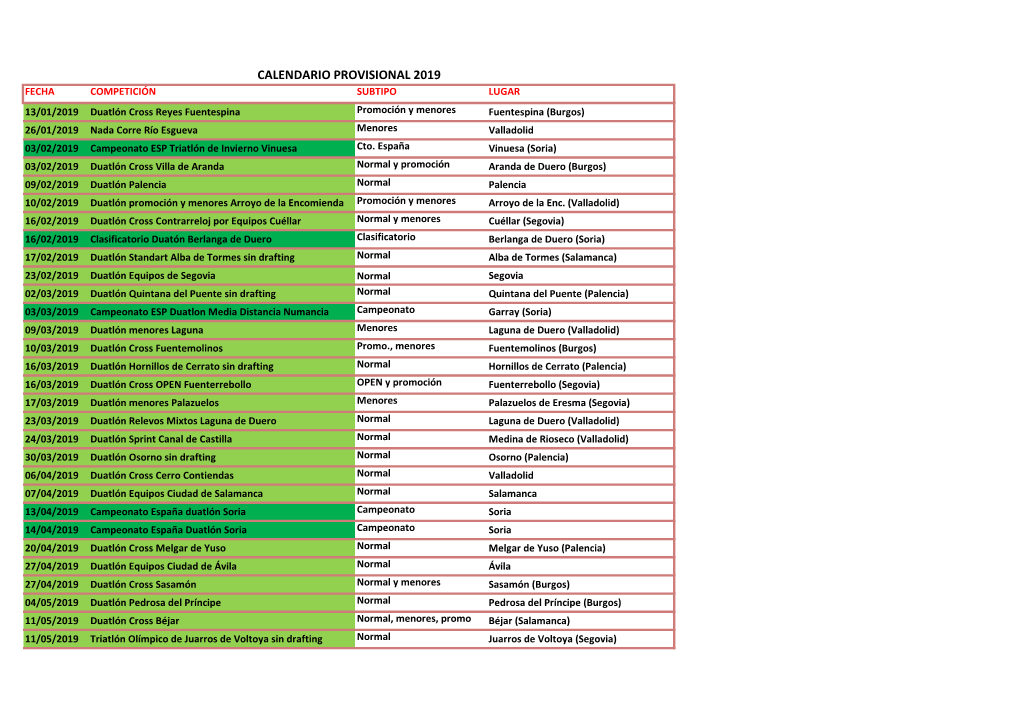 Calendario Provisional 2019