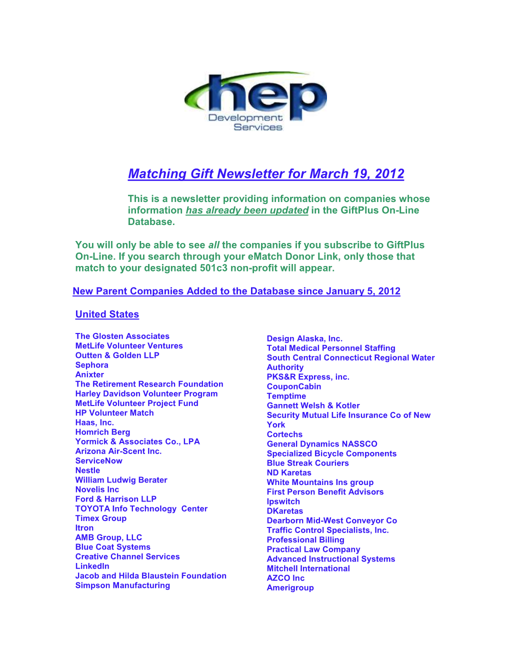 Matching Gift Newsletter for March 19 2012 (2) Revised 4.13.12