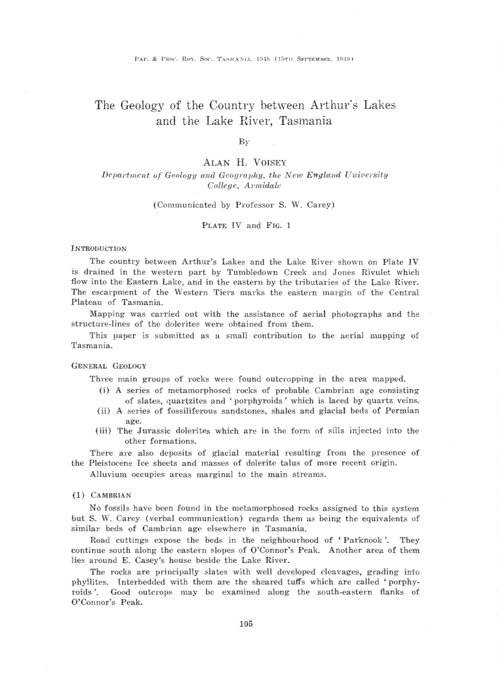 The Geology of the Country Between Arthur's Lakes and the Lake Rivel', Tasmania