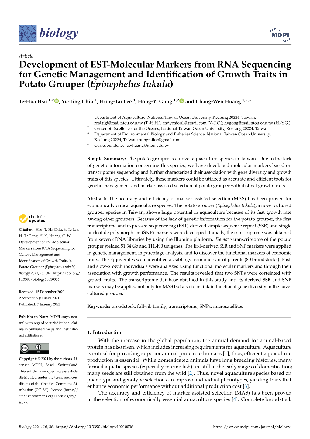 Development of EST-Molecular Markers from RNA Sequencing for Genetic Management and Identiﬁcation of Growth Traits in Potato Grouper (Epinephelus Tukula)