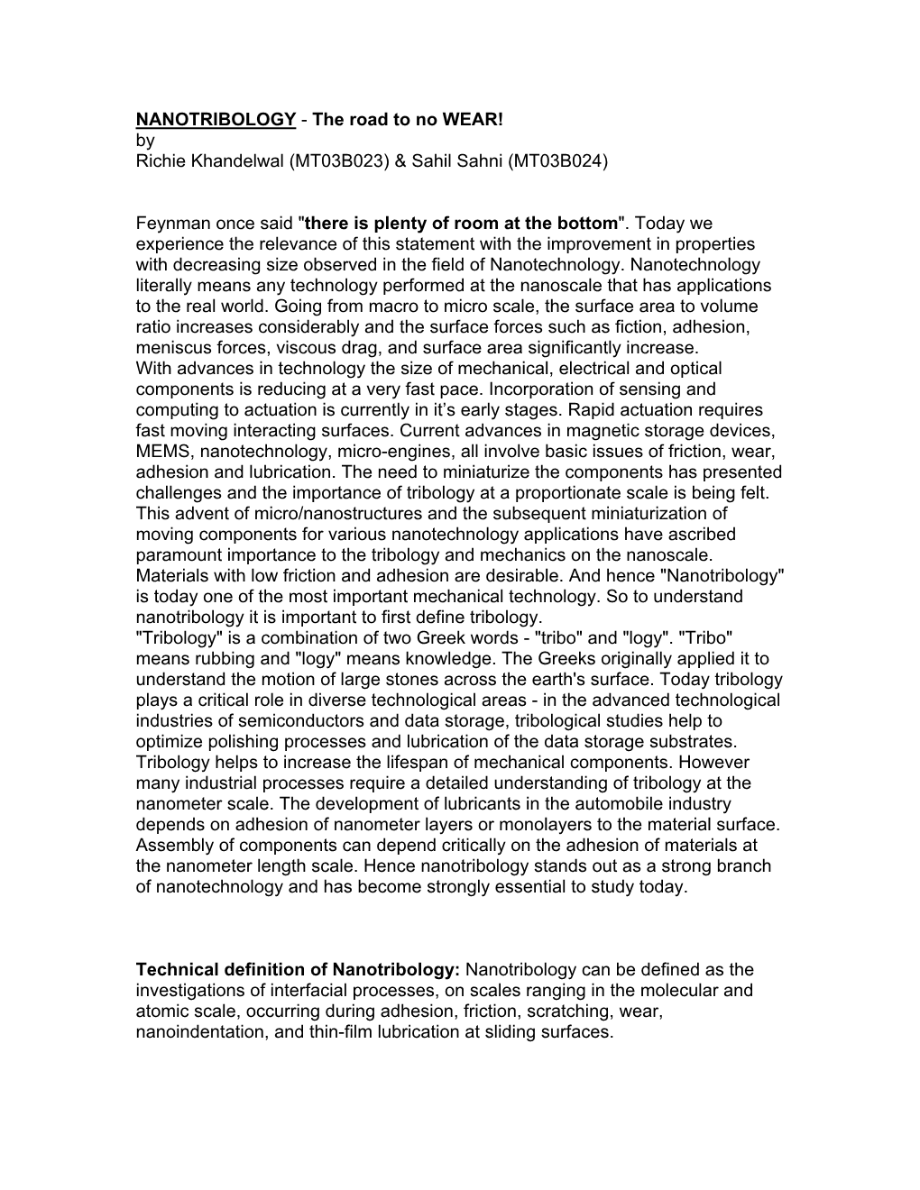 NANOTRIBOLOGY - the Road to No WEAR! by Richie Khandelwal (MT03B023) & Sahil Sahni (MT03B024)