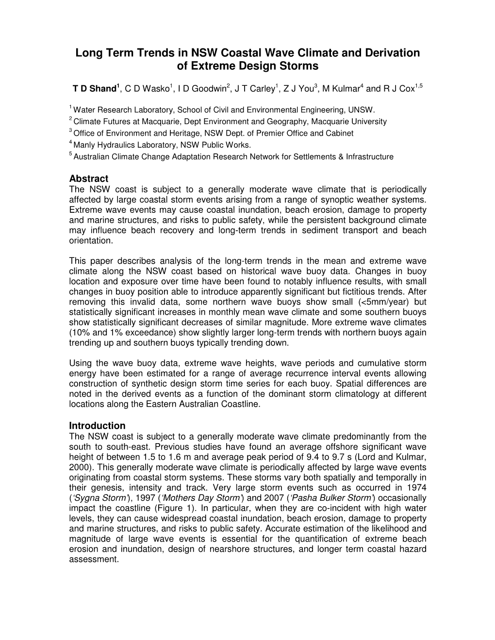 Long Term Trends in NSW Coastal Wave Climate and Derivation of Extreme Design Storms