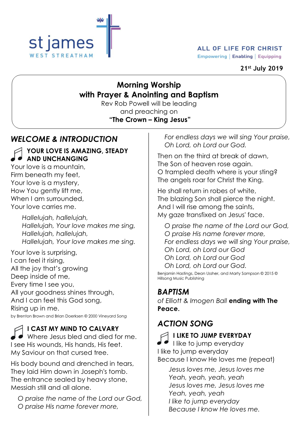 INTRODUCTION BAPTISM ACTION SONG Morning Worship with Prayer