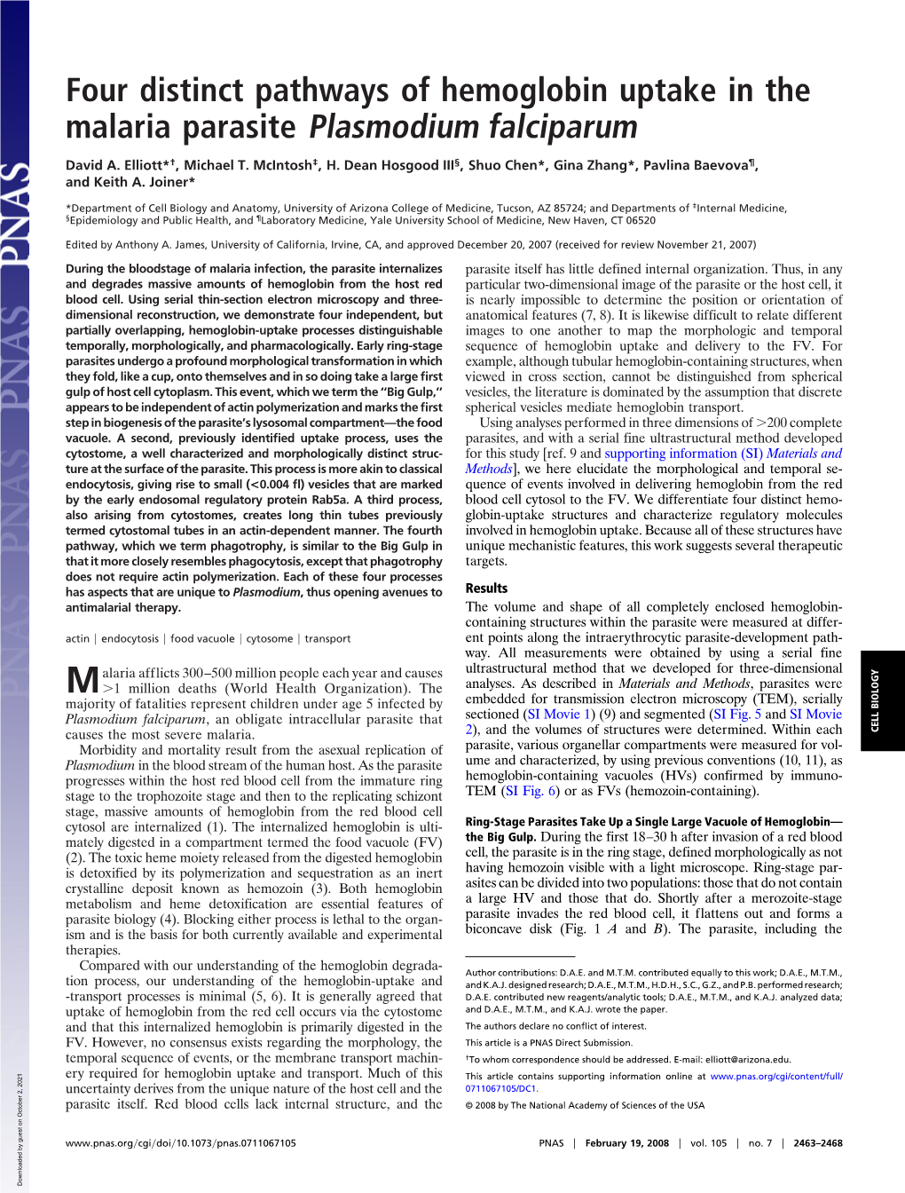 Four Distinct Pathways of Hemoglobin Uptake in the Malaria Parasite Plasmodium Falciparum