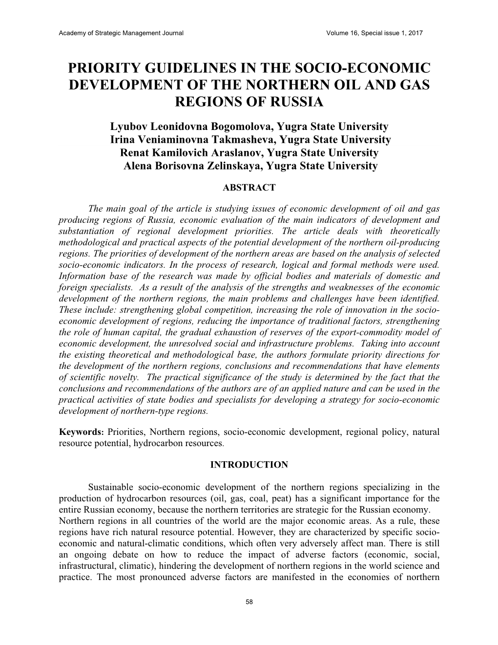 Priority Guidelines in the Socio-Economic Development of The