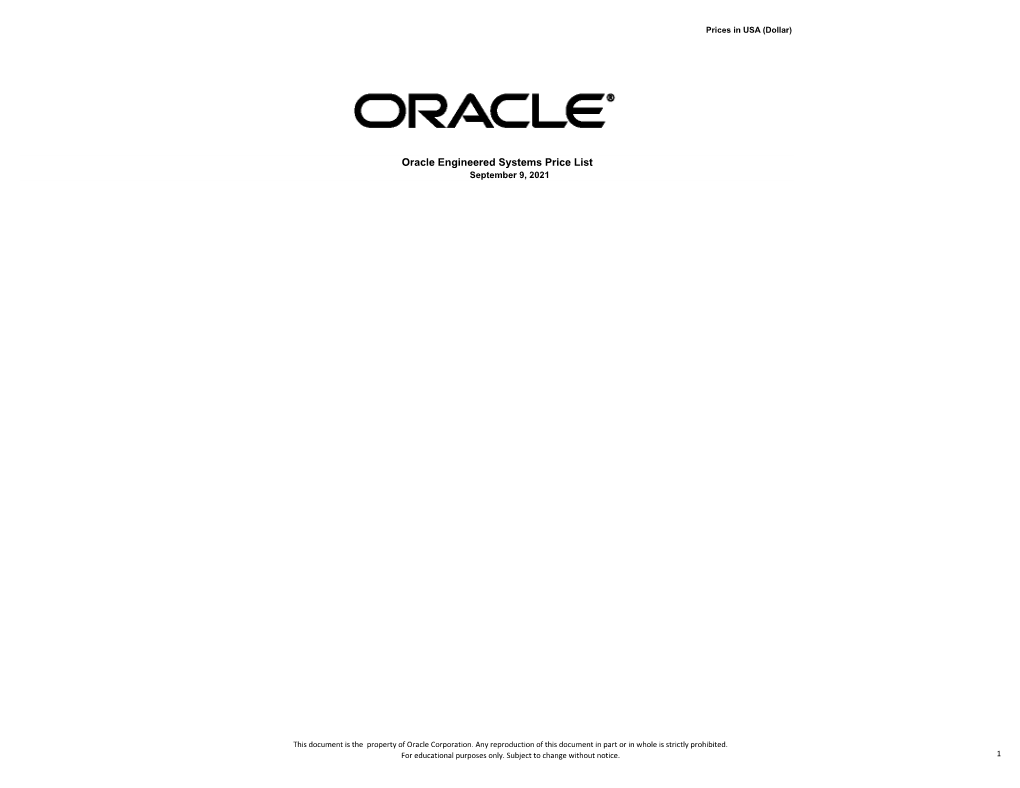 Oracle Engineered Systems Price List September 9, 2021