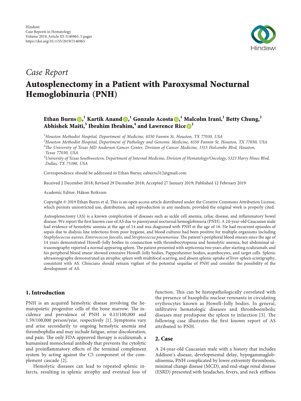 Autosplenectomy in a Patient with Paroxysmal Nocturnal Hemoglobinuria (PNH)