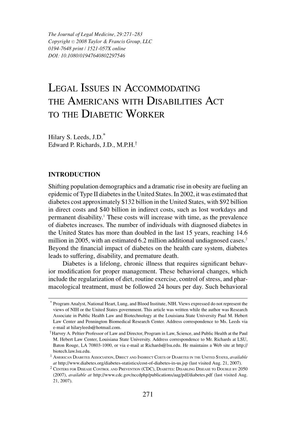 Legal Issues in Accommodating the Americans with Disabilities Act to the Diabetic Worker