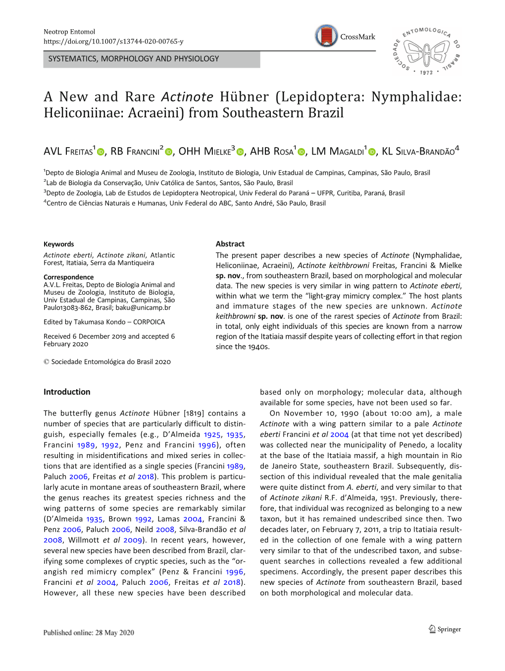 A New and Rare Actinote Hübner (Lepidoptera: Nymphalidae: Heliconiinae: Acraeini) from Southeastern Brazil