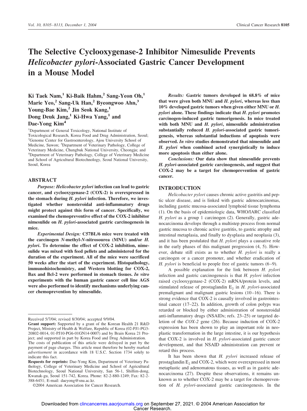 The Selective Cyclooxygenase-2 Inhibitor Nimesulide Prevents Helicobacter Pylori-Associated Gastric Cancer Development in a Mouse Model