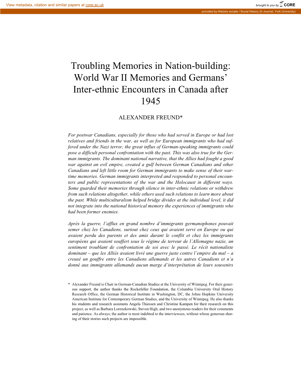 World War II Memories and Germans' Inter-Ethnic Encounters in Canada