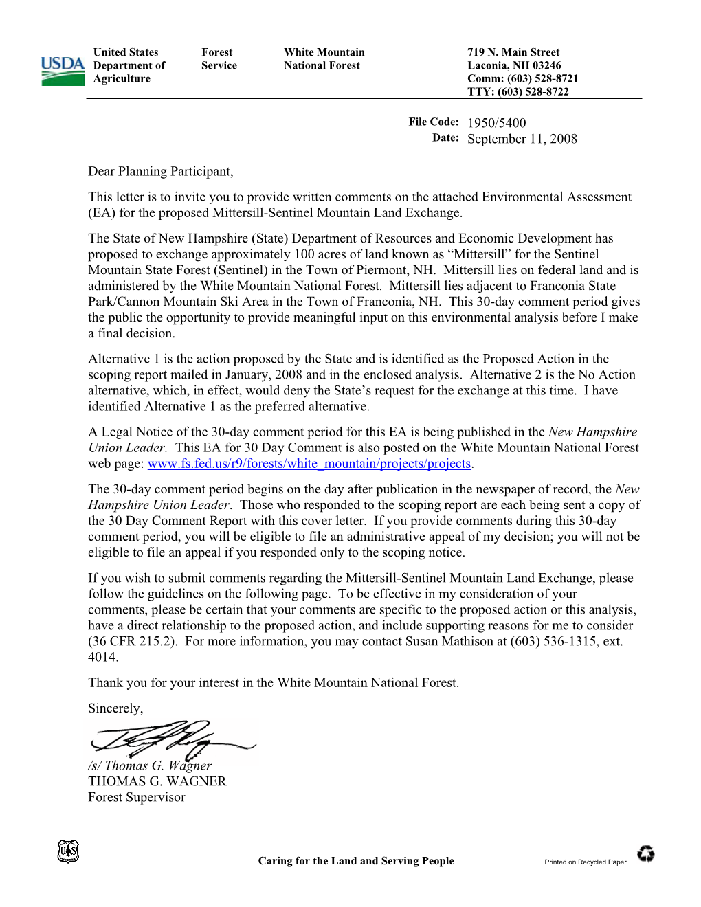 Date: September 11, 2008 Dear Planning Participant, This Letter Is to Invite You to Provide Written Comments on the Attached