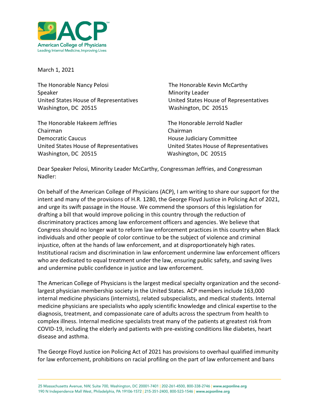 ACP Letter to Congress in Support of the George Floyd Policing Act of 2021