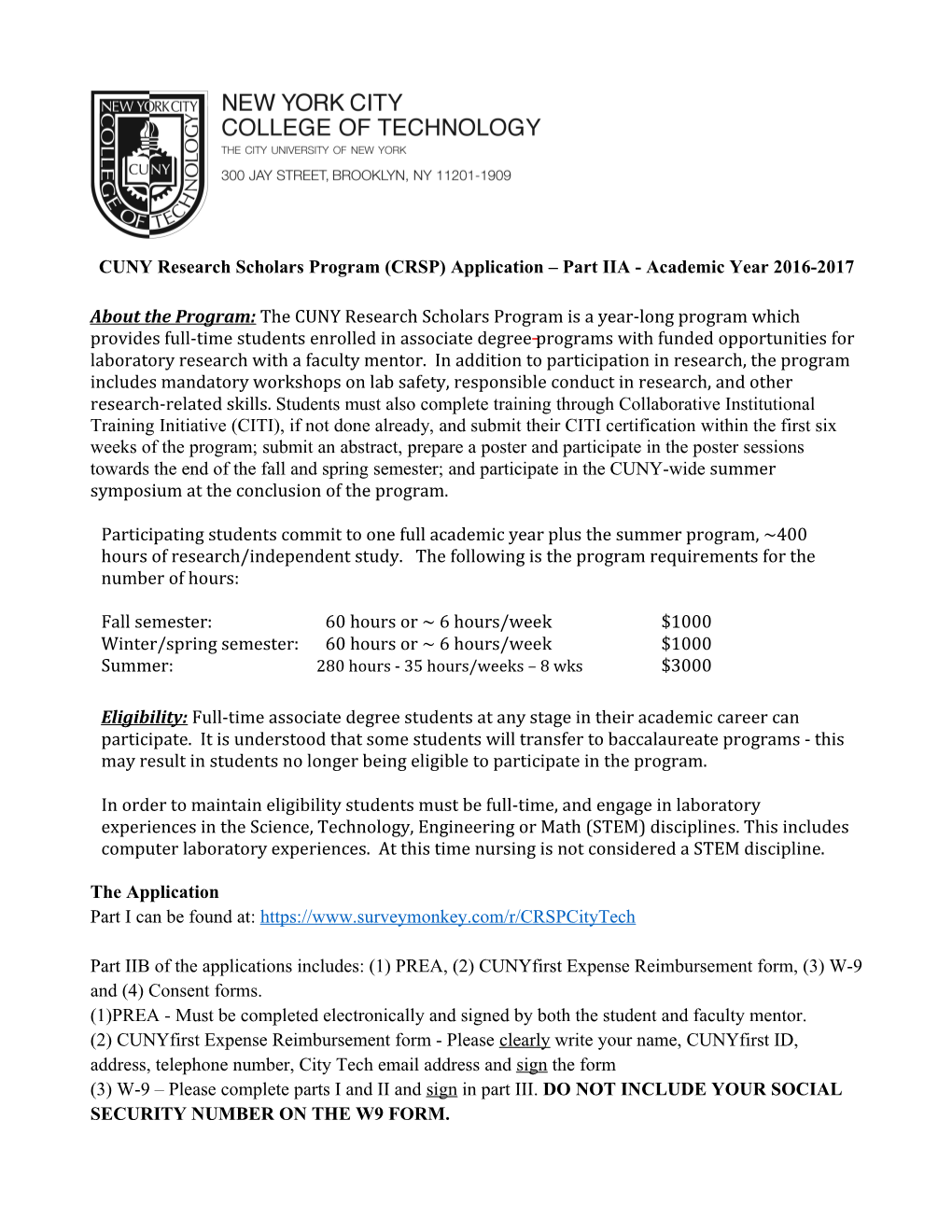 CUNY Research Scholars Program (CRSP) Application Part IIA - Academic Year 2016-2017