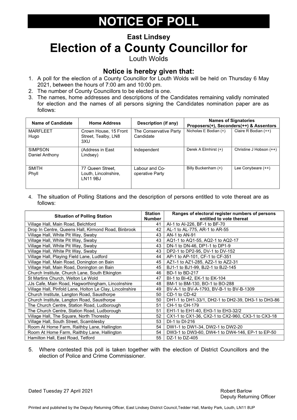 NOTICE of POLL Election of a County Councillor