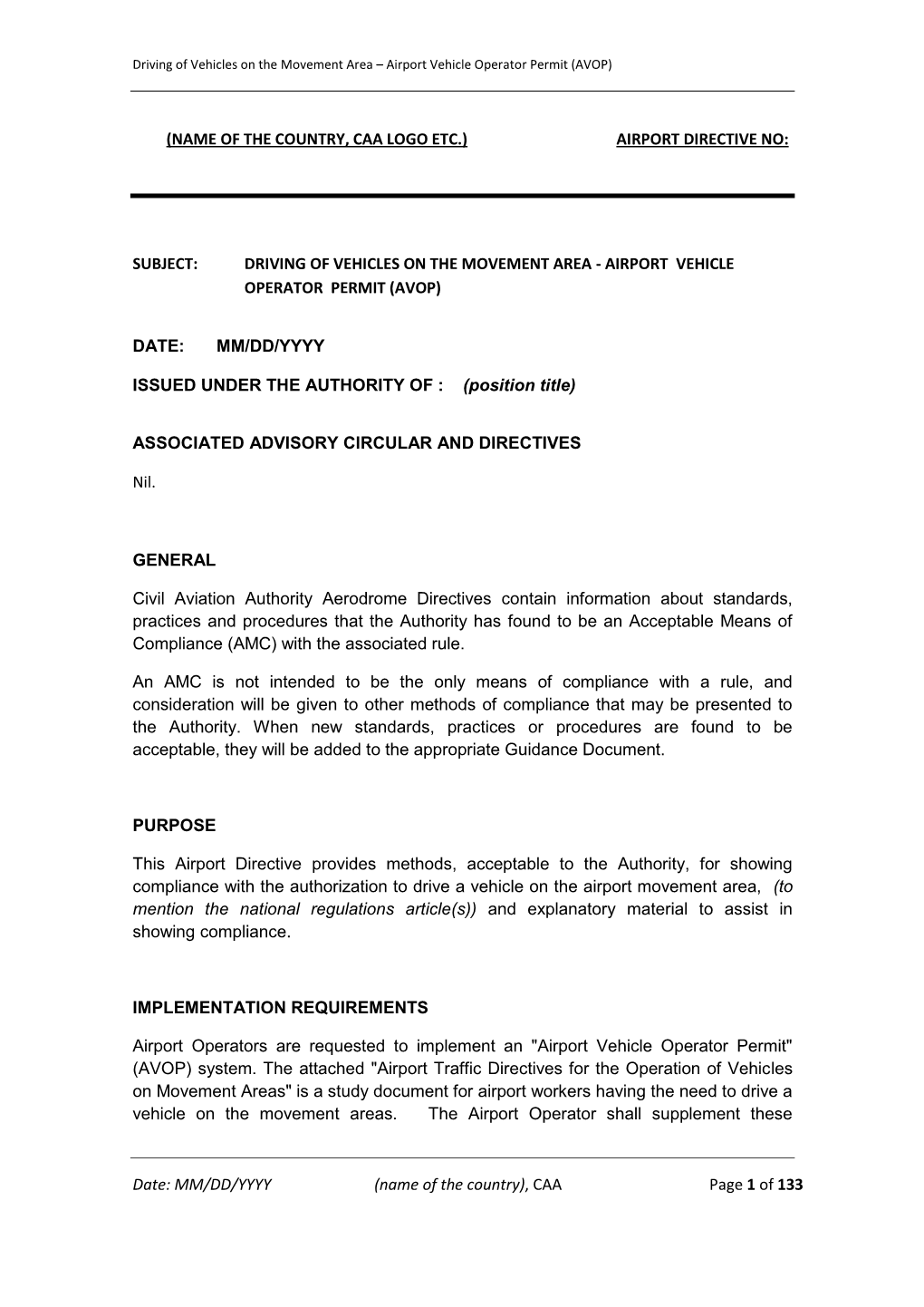 Airport Traffic Directives for the Operation of Vehicles