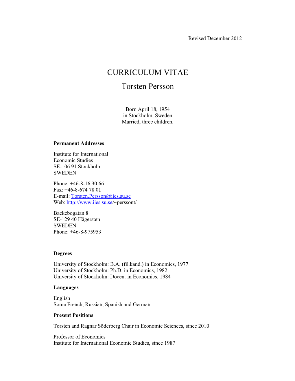 CURRICULUM VITAE Torsten Persson