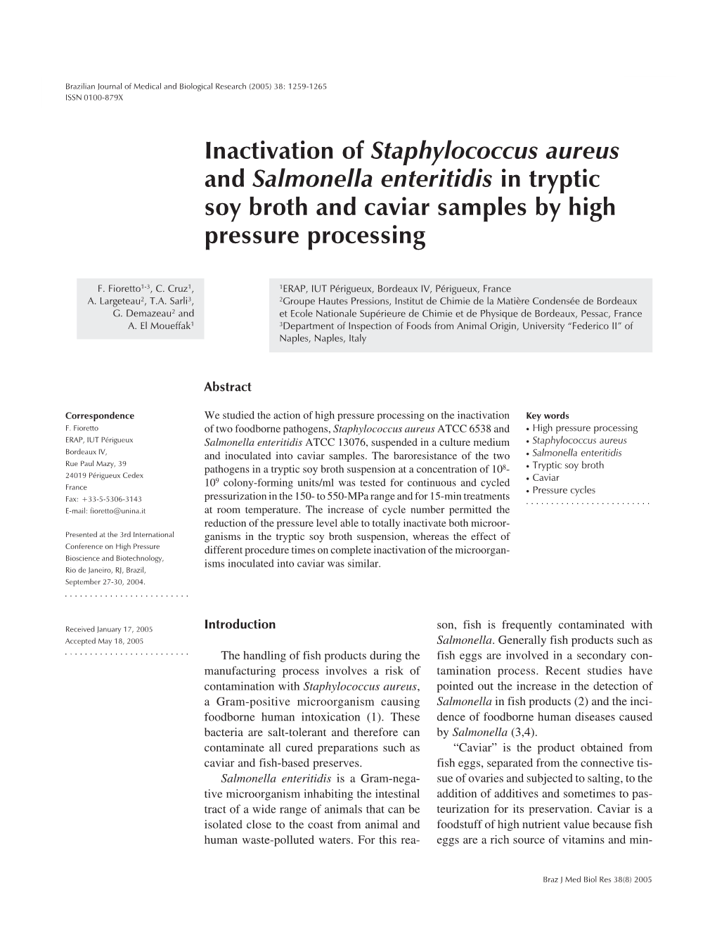 Inactivation of Staphylococcus Aureus and Salmonella Enteritidis in Tryptic Soy Broth and Caviar Samples by High Pressure Processing
