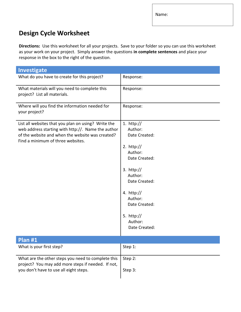 Design Cycle Worksheet