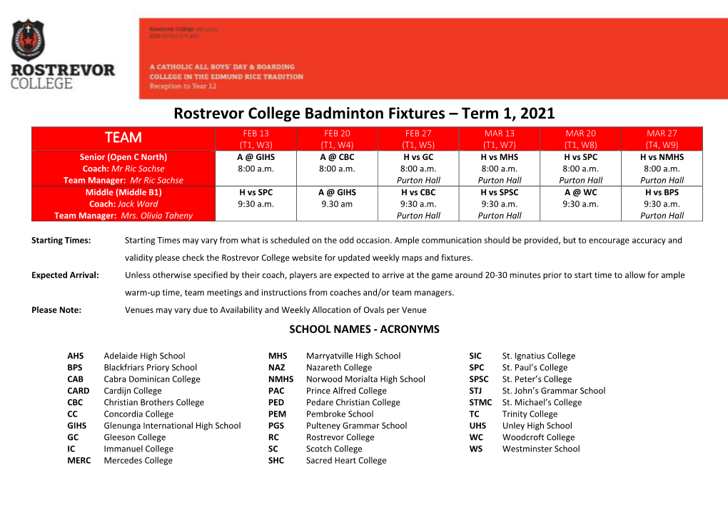 Rostrevor College Badminton Fixtures – Term 1, 2021 FEB 13 FEB 20 FEB 27 MAR 13 MAR 20 MAR 27