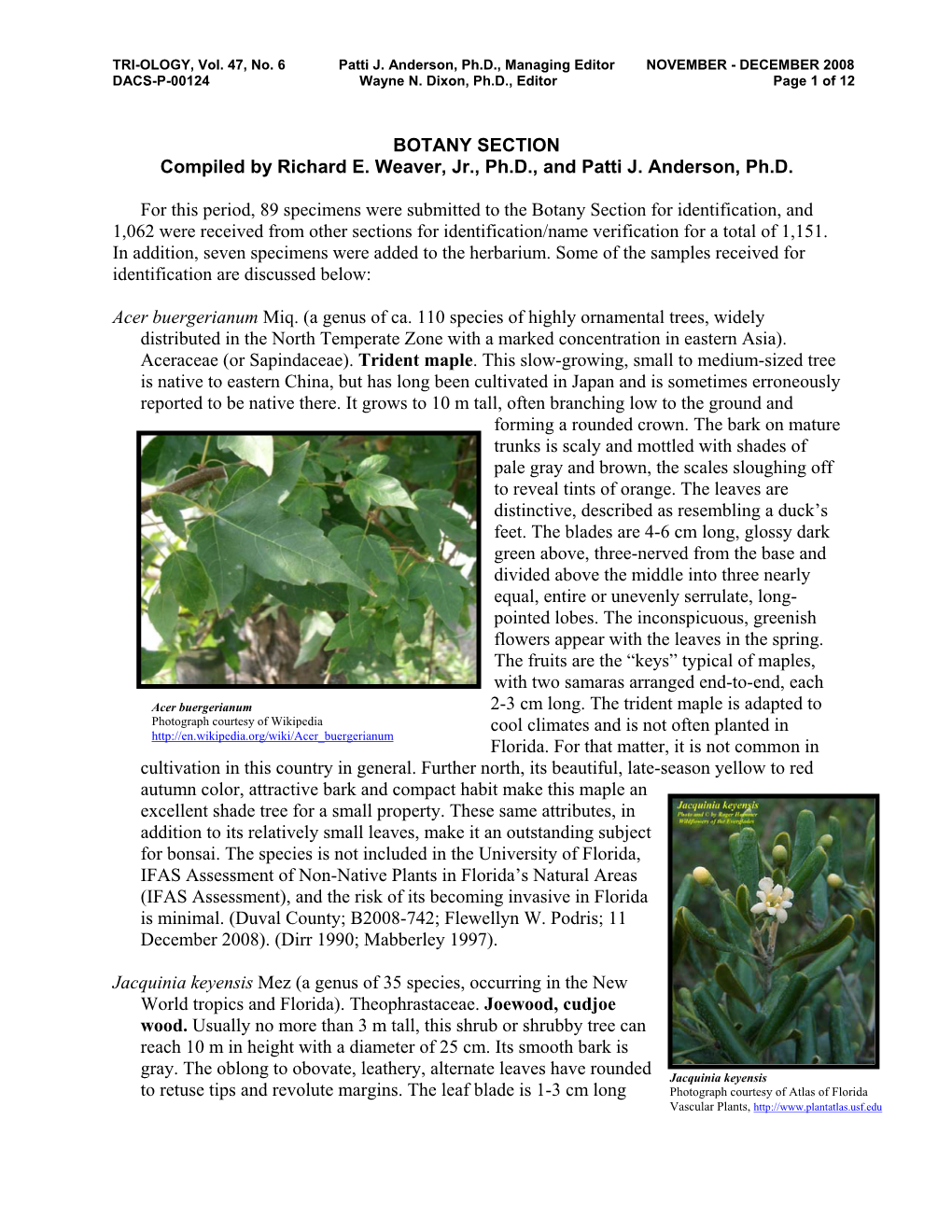 BOTANY SECTION Compiled by Richard E. Weaver, Jr., Ph.D., and Patti J