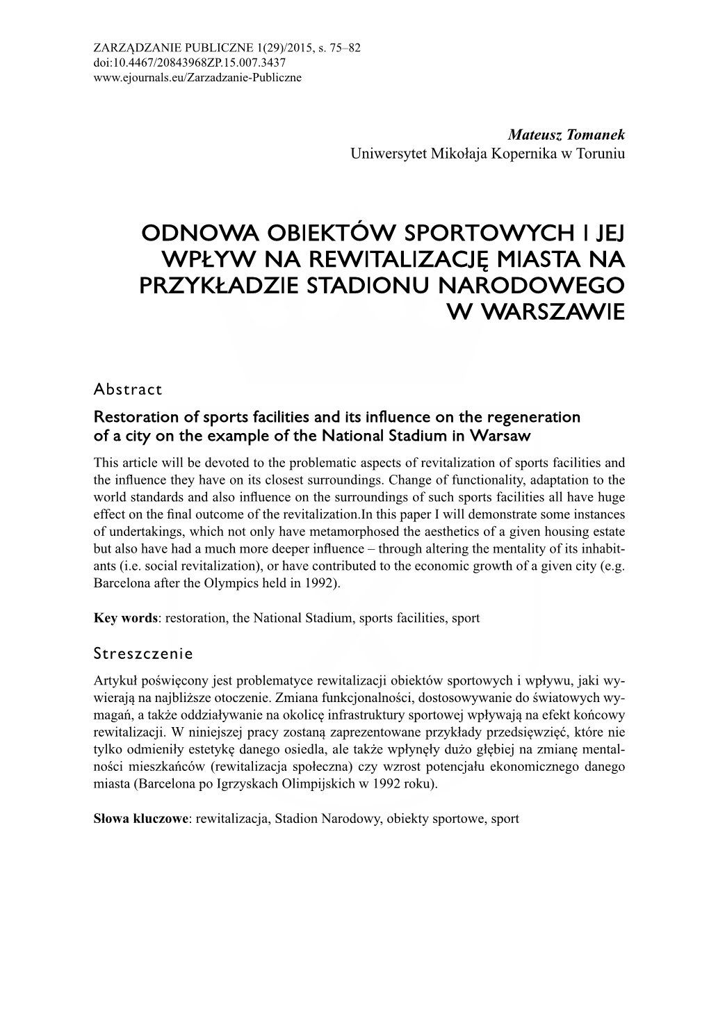 Odnowa Obiektów Sportowych I Jej Wpływ Na Rewitalizację Miasta Na Przykładzie Stadionu Narodowego W Warszawie