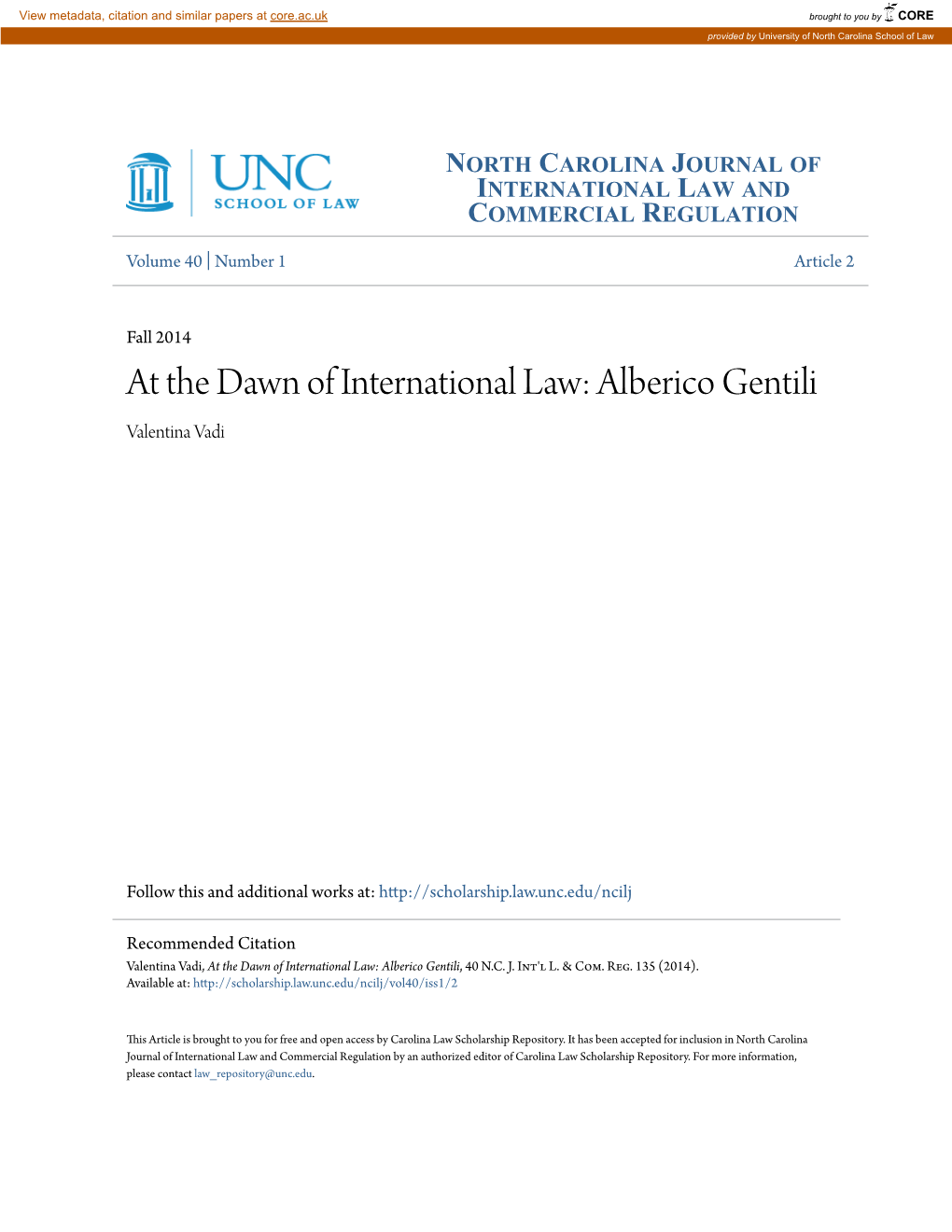 At the Dawn of International Law: Alberico Gentili Valentina Vadi