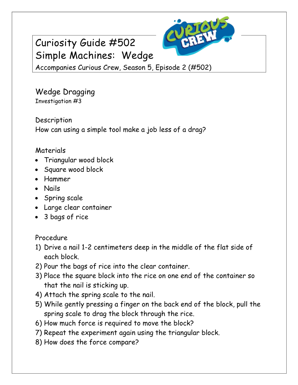 Curiosity Guide #502 Simple Machines: Wedge