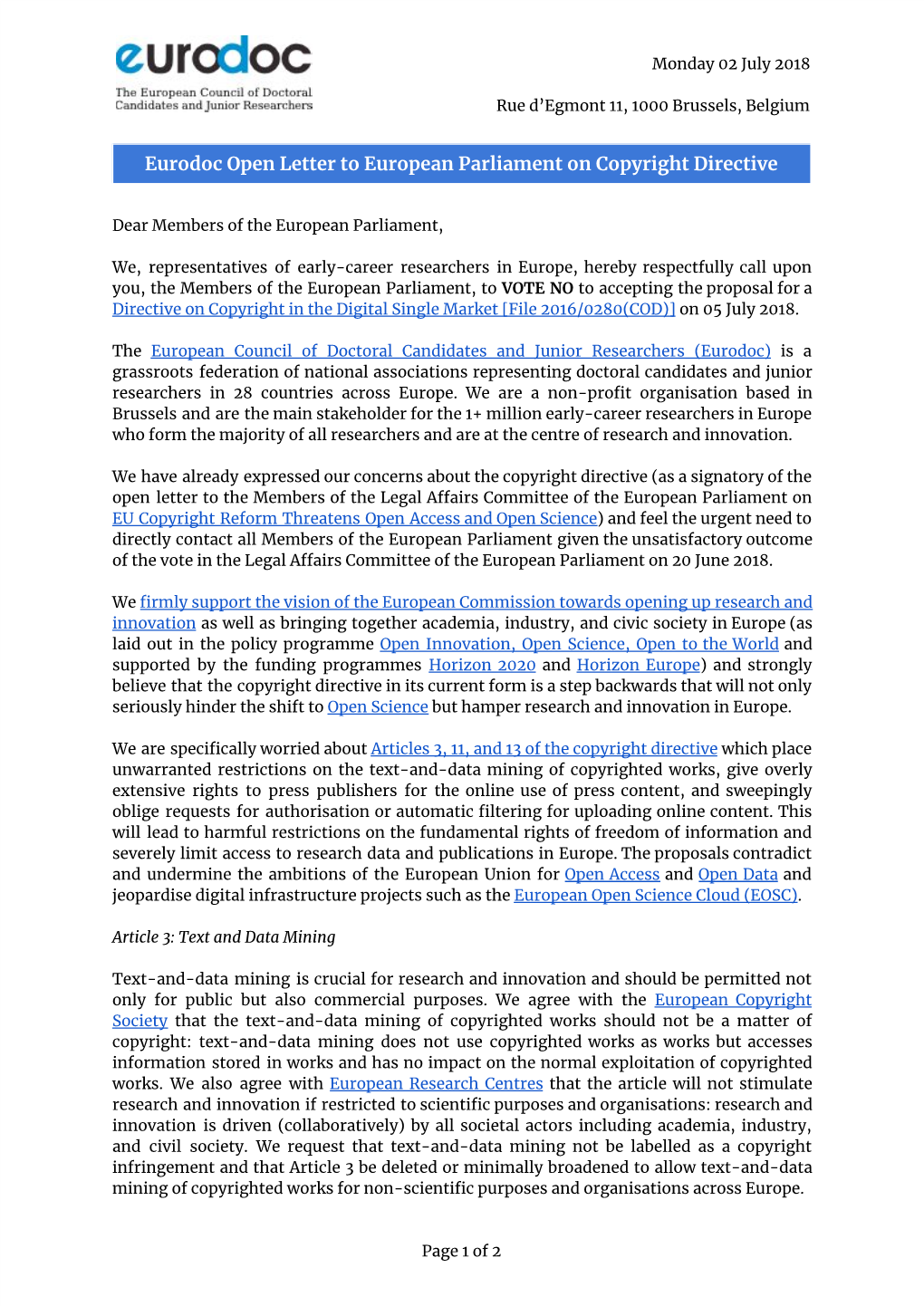 Eurodoc Open Letter to European Parliament on Copyright Directive