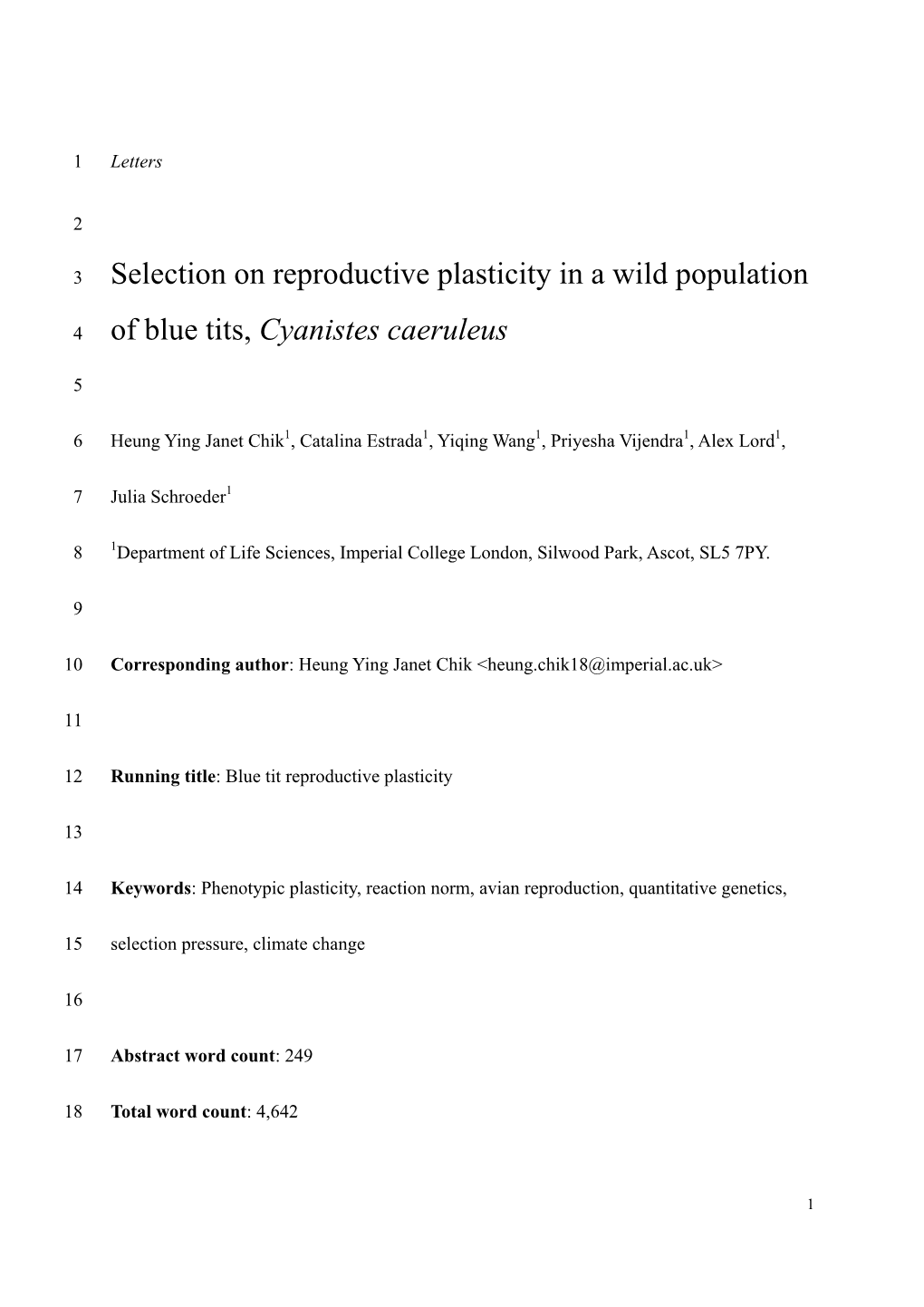 Selection on Reproductive Plasticity in a Wild Population of Blue Tits, Cyanistes Caeruleus