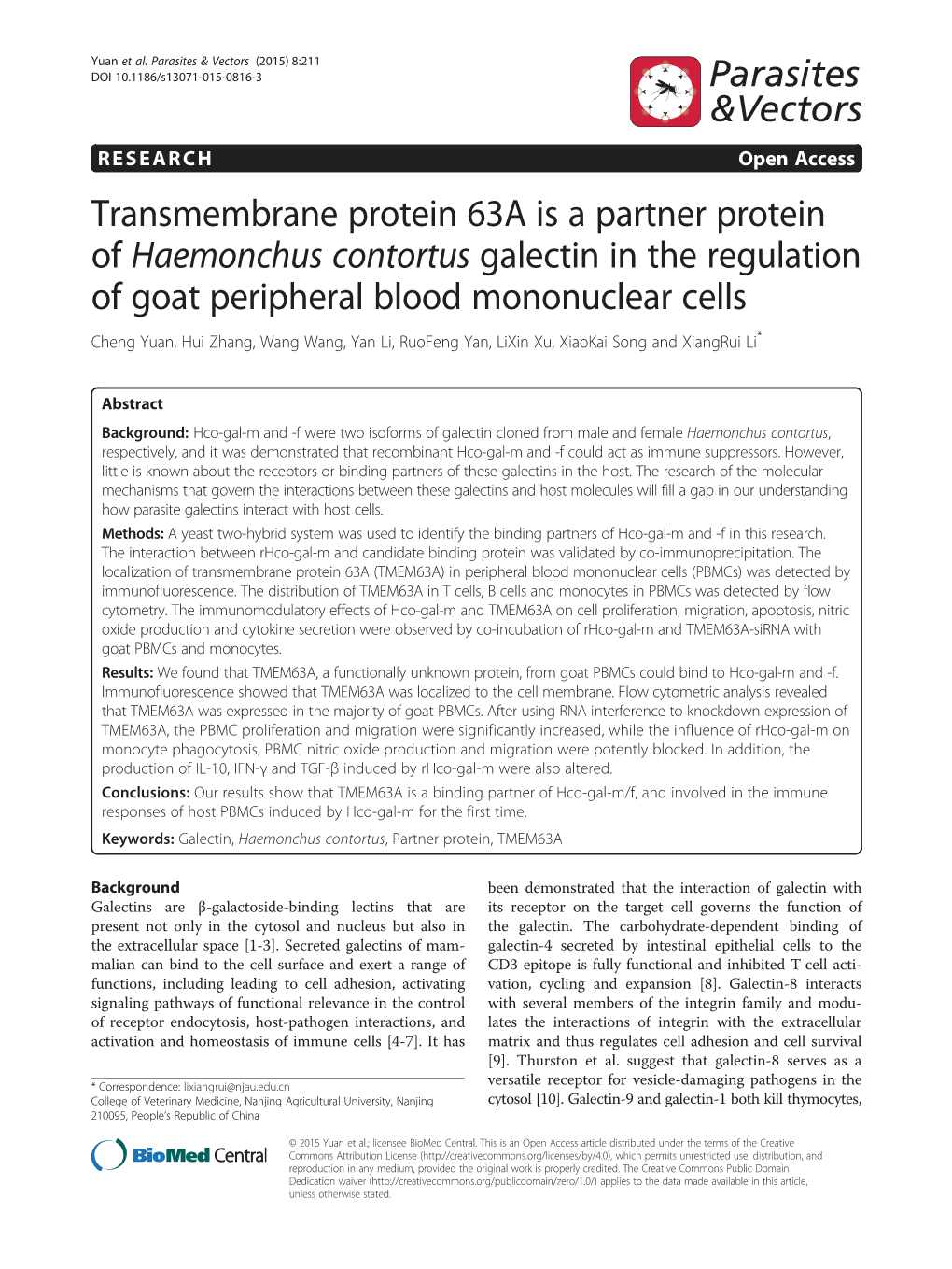 Transmembrane Protein 63A Is a Partner Protein of Haemonchus