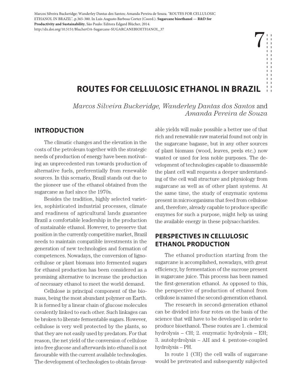 ROUTES for CELLULOSIC ETHANOL in BRAZIL", P.365-380