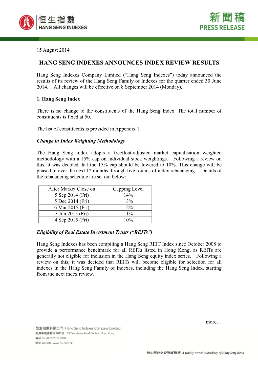 Hang Seng Indexes Announces Index Review Results