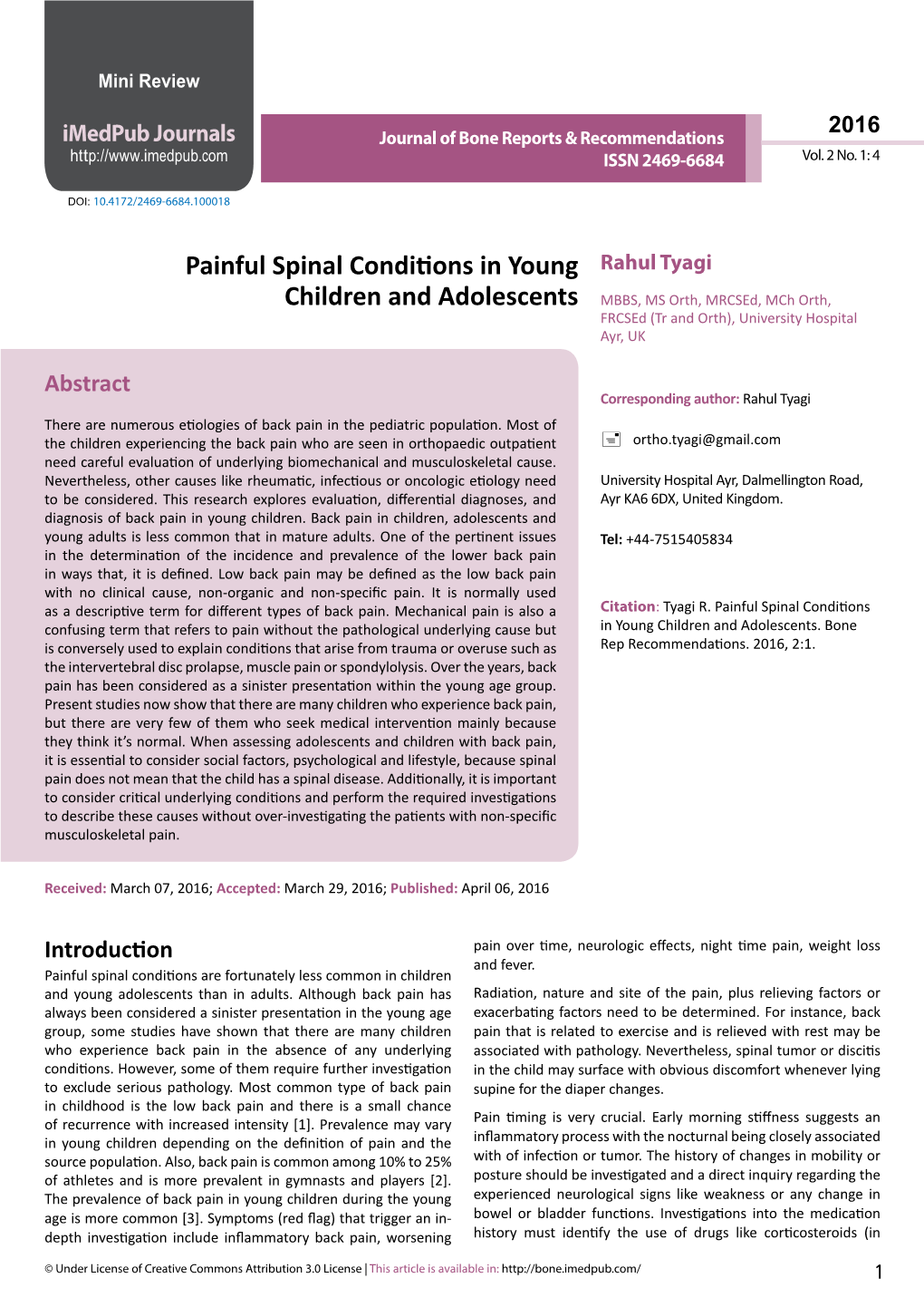 Painful Spinal Conditions in Young Children and Adolescents
