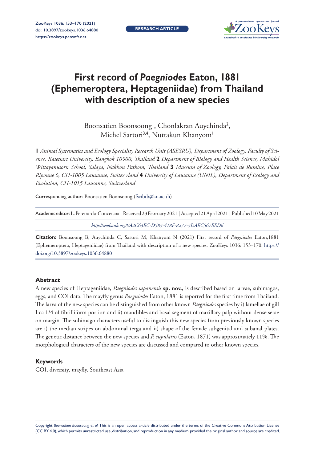 First Record of Paegniodes Eaton, 1881 (Ephemeroptera, Heptageniidae) from Thailand with Description of a New Species